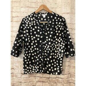 Alfani Top Womens Large Black Geometric Button Up Ruffle Trim Cotton V Neck